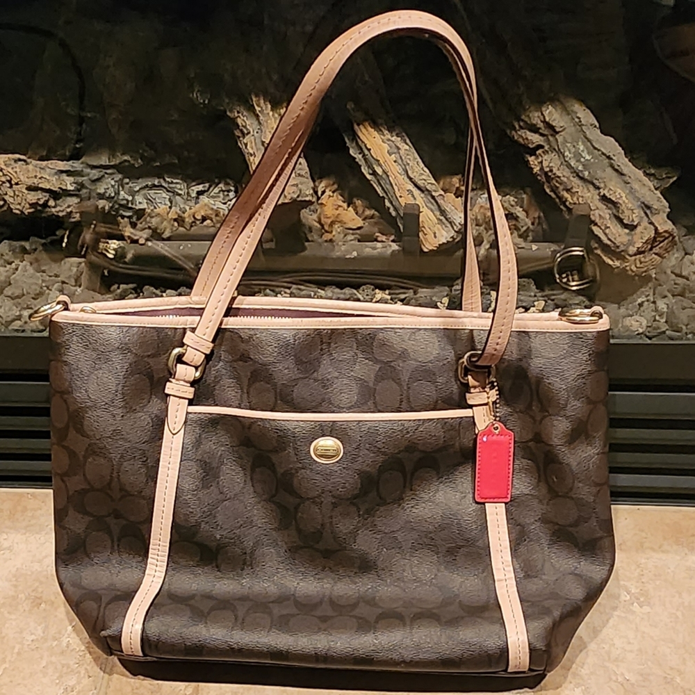 Coach Brown Signature Tote with Light Tan Trim and Pink/Red Tag
